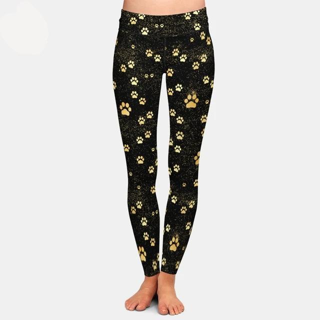 Brands Fashion High Waist Women Black Leggings Dog Paw Pattern - Vimost Shop