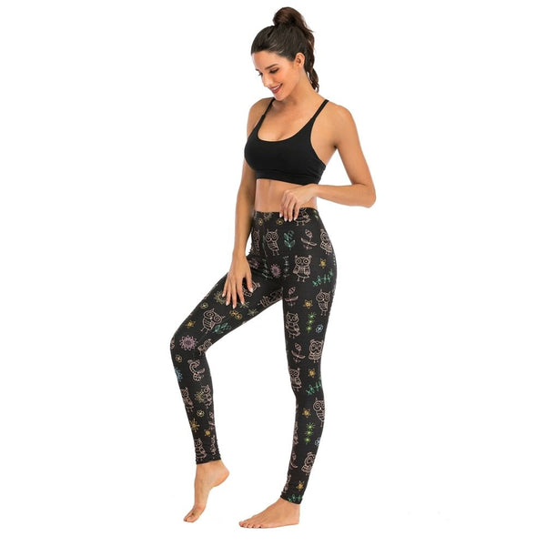 Brands Women Fashion Legging Black Doodle owl Printing leggins Sexy Slim legins High Waist Leggings Woman Fitness Pants - Vimost Shop