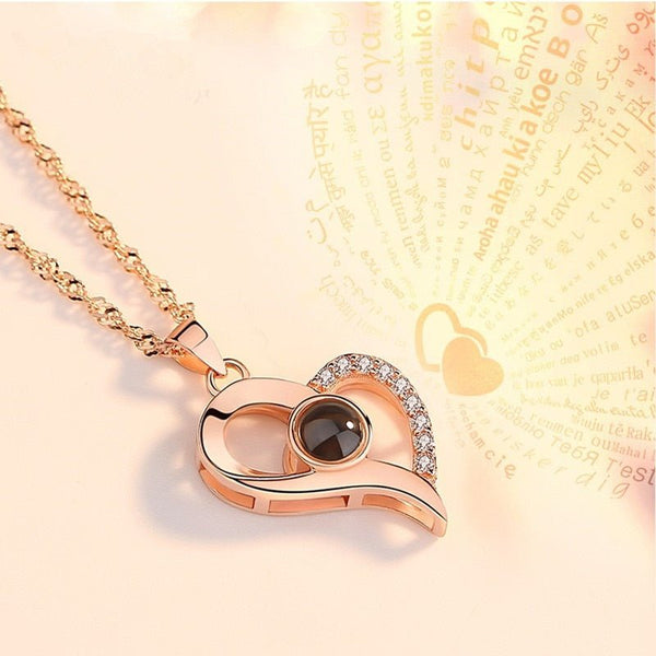 Bridesmaid gift New 100 languages I love you Projection Pendants Necklaces Rose Gold Chain Heart Shape Letter Necklace bff - Vimost Shop