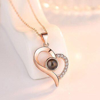 Bridesmaid gift New 100 languages I love you Projection Pendants Necklaces Rose Gold Chain Heart Shape Letter Necklace bff - Vimost Shop