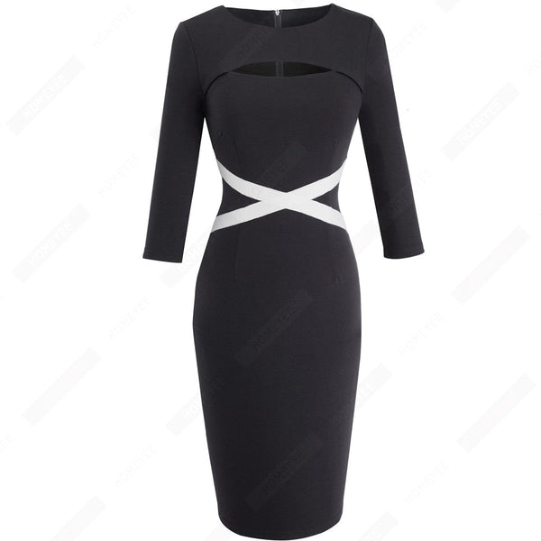 Brief Lines Patchwork Work Women Dress Casual Hole Sexy Sheath Fitted Office Lady Pencil Dress - Vimost Shop