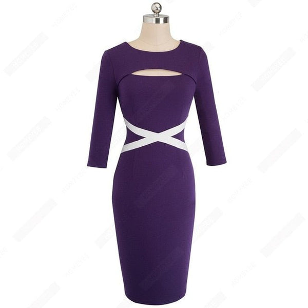 Brief Lines Patchwork Work Women Dress Casual Hole Sexy Sheath Fitted Office Lady Pencil Dress - Vimost Shop