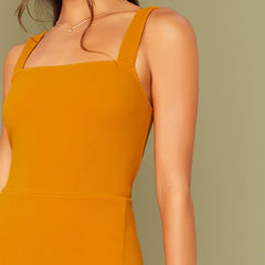 Bright Yellow Solid Split Hem Sexy Thick Strap Dress Without Belt Women Autumn Sleeveless Night Out Bodycon Dresses - Vimost Shop