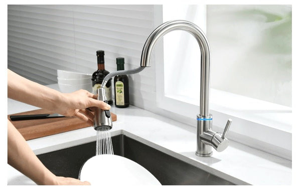 Brushed Nickel Kitchen Faucet Single Hole LED Style Pull Out Spout Kitchen Sink Stream Sprayer Head Black Mixer Tap LED - Vimost Shop