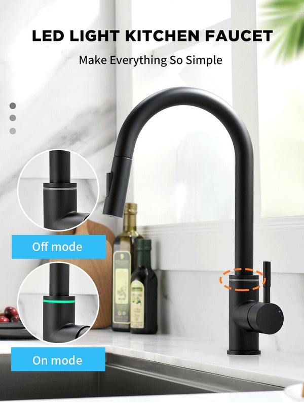 Brushed Nickel Kitchen Faucet Single Hole LED Style Pull Out Spout Kitchen Sink Stream Sprayer Head Black Mixer Tap LED - Vimost Shop