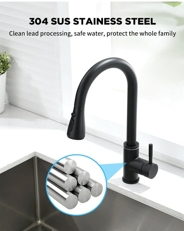 Brushed Nickel Kitchen Faucet Single Hole LED Style Pull Out Spout Kitchen Sink Stream Sprayer Head Black Mixer Tap LED - Vimost Shop