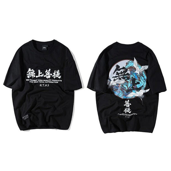 Buddha Crane Print T Shirts Mens Hip Hop T-Shirt Chinese Character Casual Tops Tees Summer Harajuku Streetwear Tshirt Black - Vimost Shop