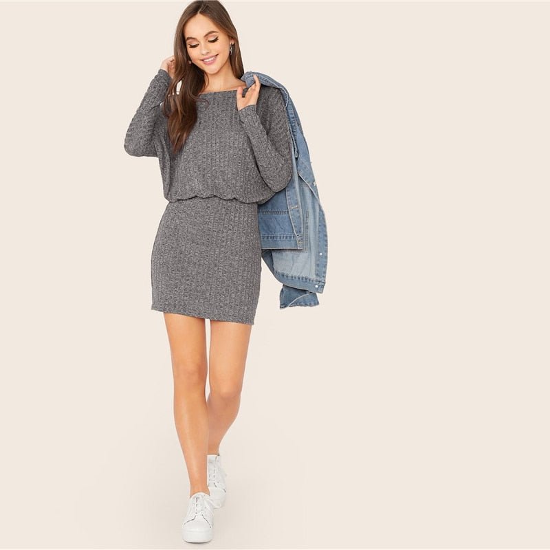 Burgundy Batwing Sleeve Rib-knit Blouson Dress Women Autumn Boat Neck Long Sleeve Ladies Fitted Elegant Mini Dresses - Vimost Shop