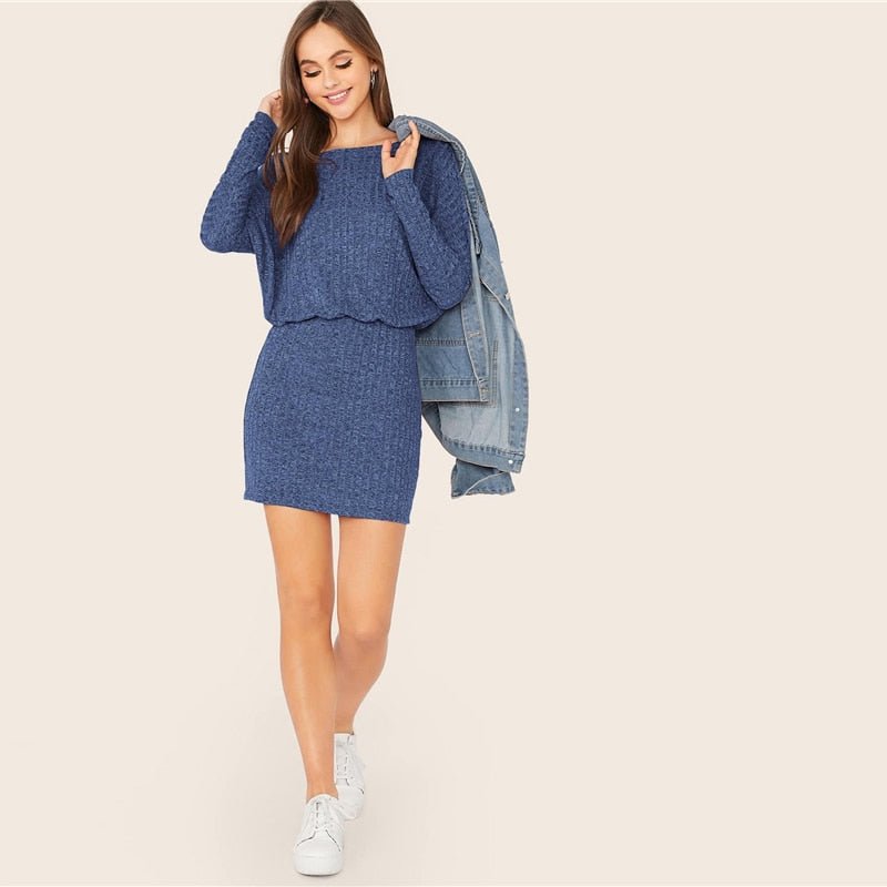 Burgundy Batwing Sleeve Rib-knit Blouson Dress Women Autumn Boat Neck Long Sleeve Ladies Fitted Elegant Mini Dresses - Vimost Shop