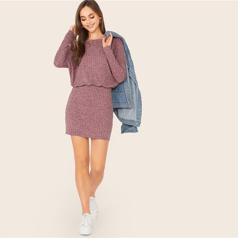 Burgundy Batwing Sleeve Rib-knit Blouson Dress Women Autumn Boat Neck Long Sleeve Ladies Fitted Elegant Mini Dresses - Vimost Shop