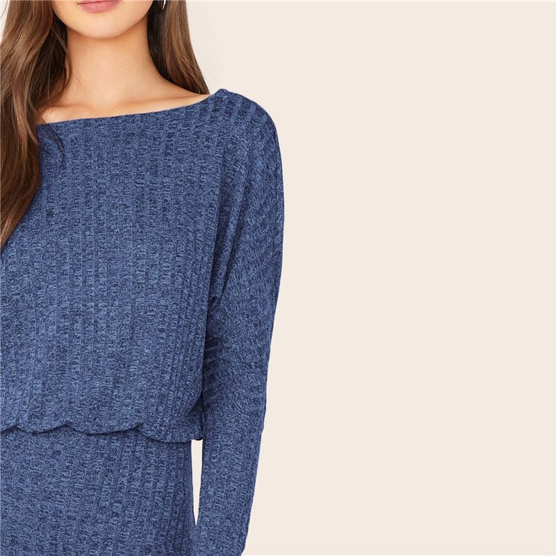 Burgundy Batwing Sleeve Rib-knit Blouson Dress Women Autumn Boat Neck Long Sleeve Ladies Fitted Elegant Mini Dresses - Vimost Shop