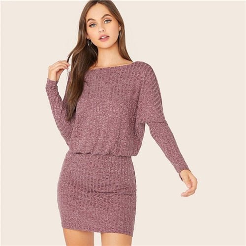 Burgundy Batwing Sleeve Rib-knit Blouson Dress Women Autumn Boat Neck Long Sleeve Ladies Fitted Elegant Mini Dresses - Vimost Shop