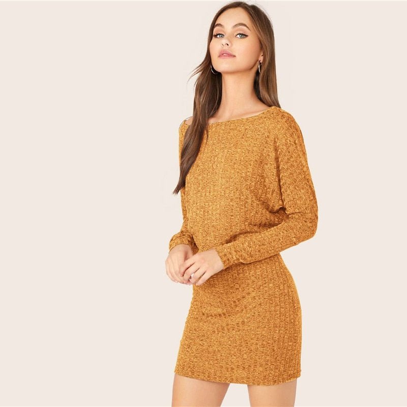 Burgundy Batwing Sleeve Rib-knit Blouson Dress Women Autumn Boat Neck Long Sleeve Ladies Fitted Elegant Mini Dresses - Vimost Shop