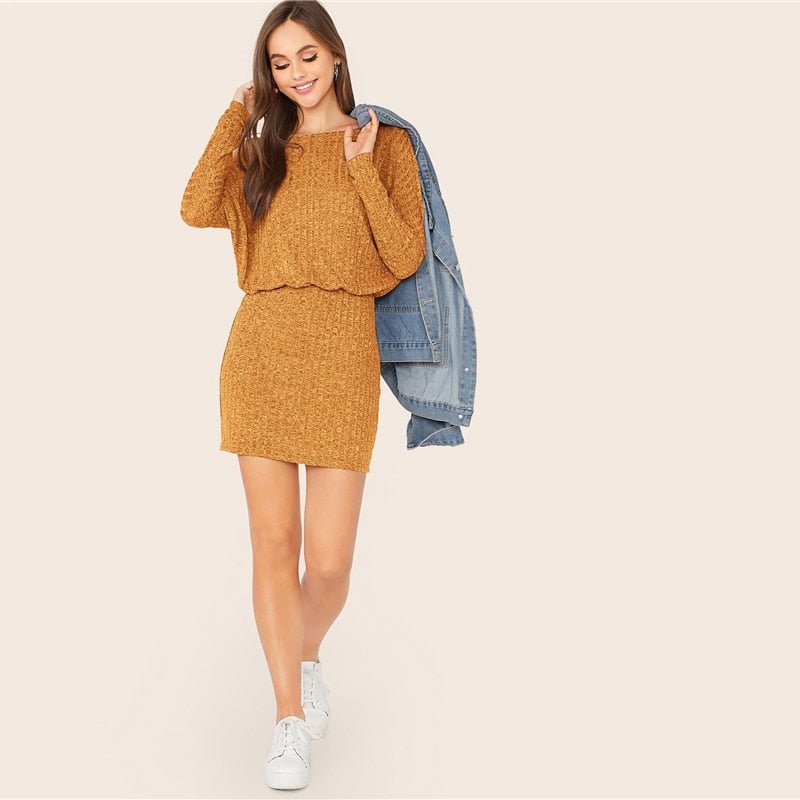 Burgundy Batwing Sleeve Rib-knit Blouson Dress Women Autumn Boat Neck Long Sleeve Ladies Fitted Elegant Mini Dresses - Vimost Shop