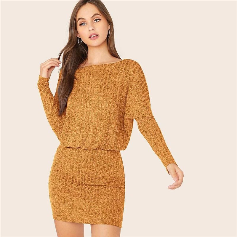 Burgundy Batwing Sleeve Rib-knit Blouson Dress Women Autumn Boat Neck Long Sleeve Ladies Fitted Elegant Mini Dresses - Vimost Shop