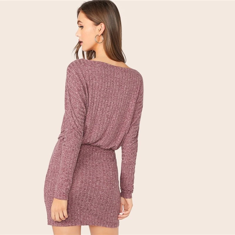 Burgundy Batwing Sleeve Rib-knit Blouson Dress Women Autumn Boat Neck Long Sleeve Ladies Fitted Elegant Mini Dresses - Vimost Shop