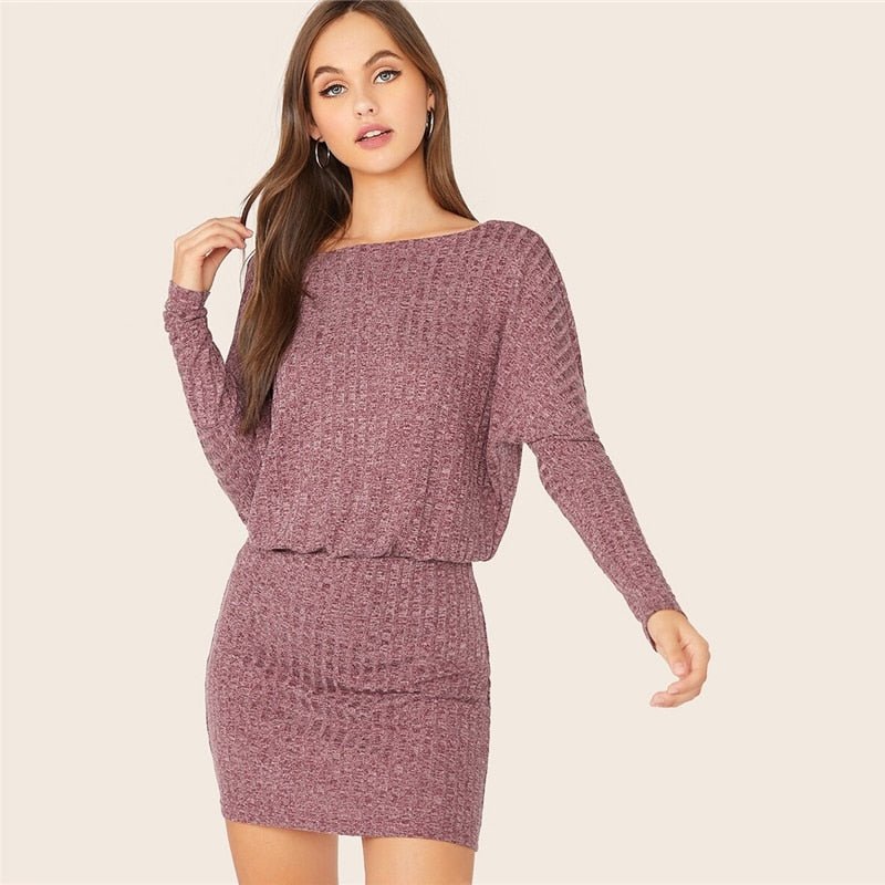 Burgundy Batwing Sleeve Rib-knit Blouson Dress Women Autumn Boat Neck Long Sleeve Ladies Fitted Elegant Mini Dresses - Vimost Shop