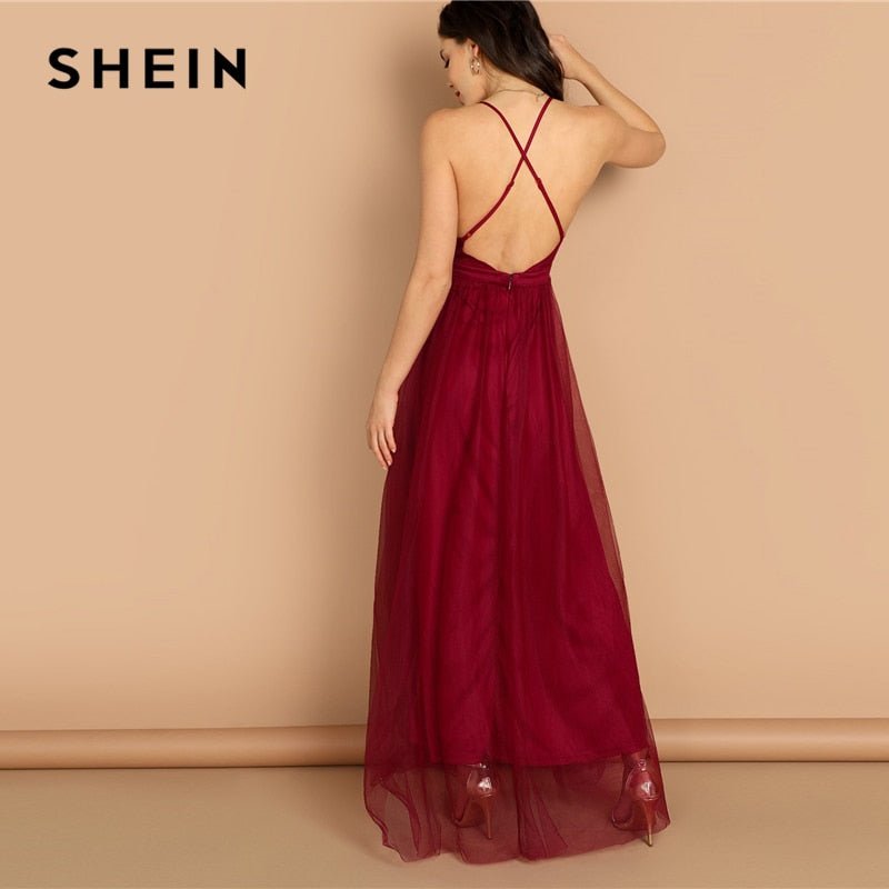 Burgundy Plunging Neck Crisscross Back Cami Dress Maxi Plain Sexy Night Out Dress Autumn Modern Lady Women Party Dresses - Vimost Shop