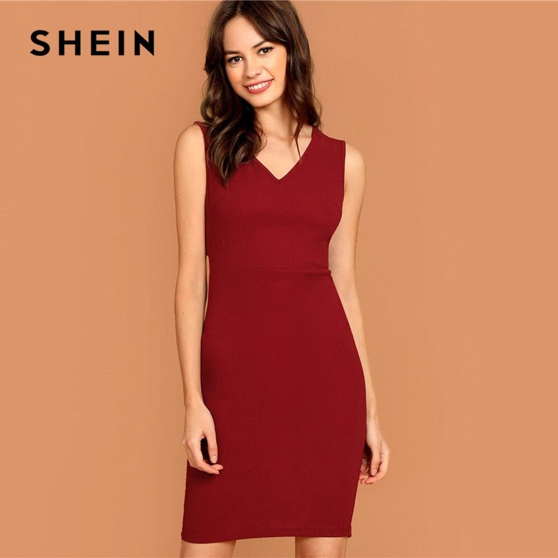 Burgundy Plunging Neck Pencil Dress Solid Sleeveless V Neck Bodycon Dress Elegant Party Autumn Modern Lady Women Dresses - Vimost Shop