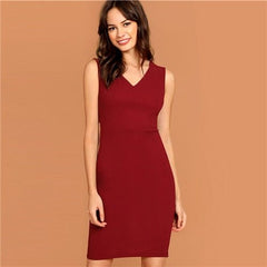 Burgundy Plunging Neck Pencil Dress Solid Sleeveless V Neck Bodycon Dress Elegant Party Autumn Modern Lady Women Dresses - Vimost Shop