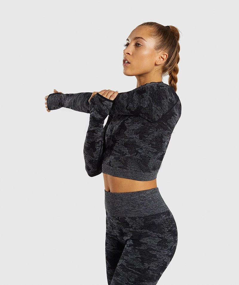 Camo Seamless O-Neck Shirts Women Gym Long Sleeves Running Sport Shirts Women Fitness Top Workout Tops - Vimost Shop