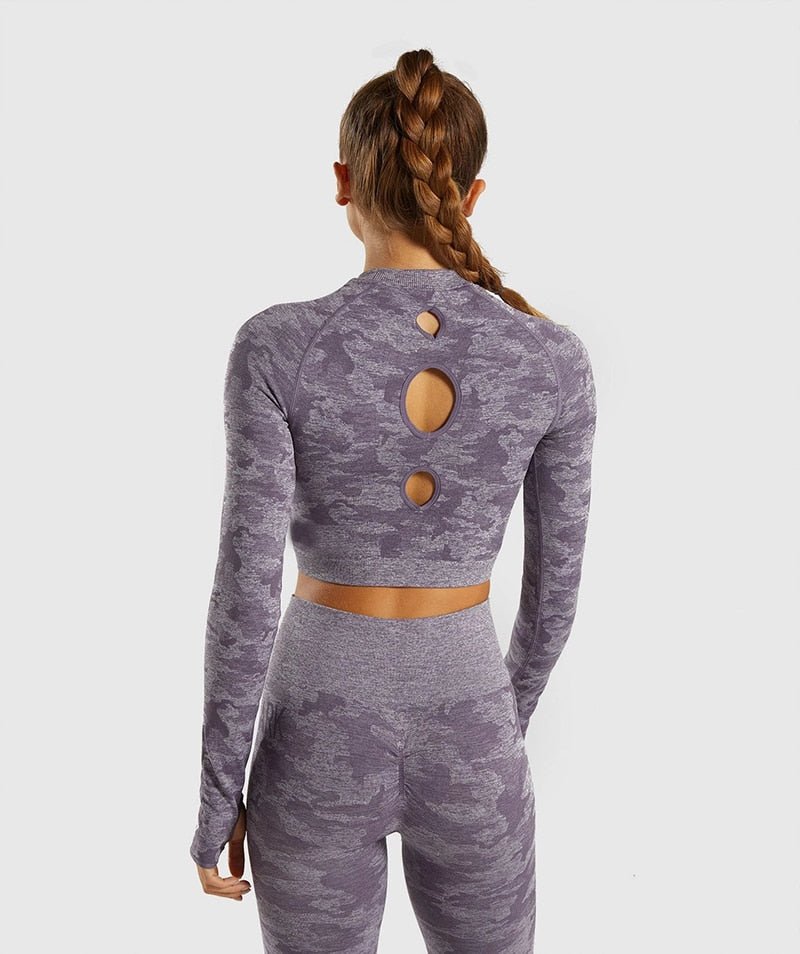 Camo Seamless O-Neck Shirts Women Gym Long Sleeves Running Sport Shirts Women Fitness Top Workout Tops - Vimost Shop