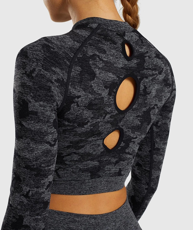 Camo Seamless O-Neck Shirts Women Gym Long Sleeves Running Sport Shirts Women Fitness Top Workout Tops - Vimost Shop
