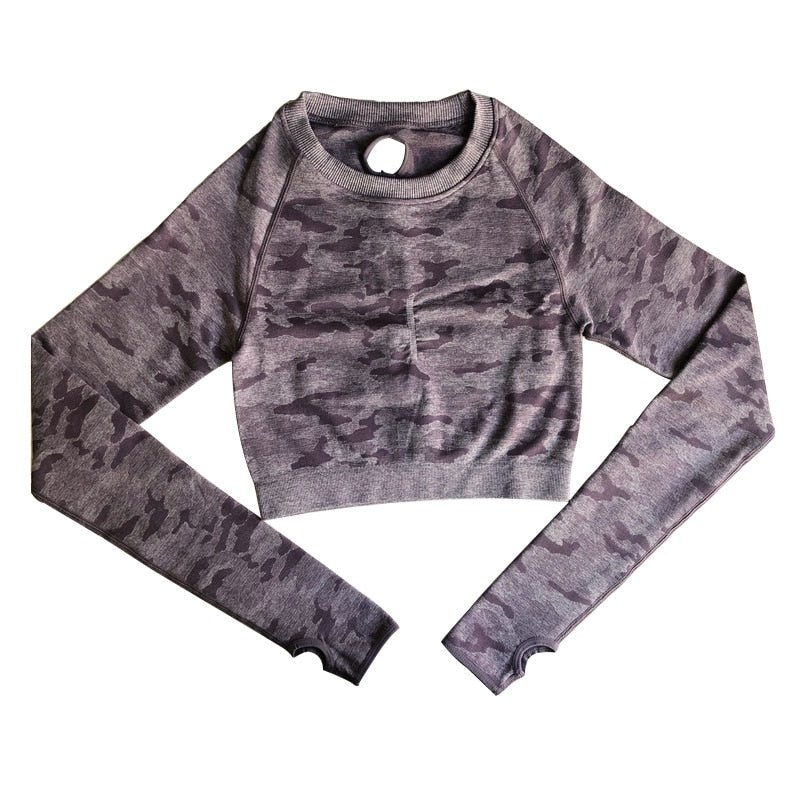 Camo Seamless O-Neck Shirts Women Gym Long Sleeves Running Sport Shirts Women Fitness Top Workout Tops - Vimost Shop