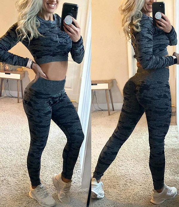 Camouflage Yoga Set Seamless Sportswear for Women Gym Fitness Clothing Booty Push Up Sport Leggings Long Sleeves Crop Tops Suit - Vimost Shop