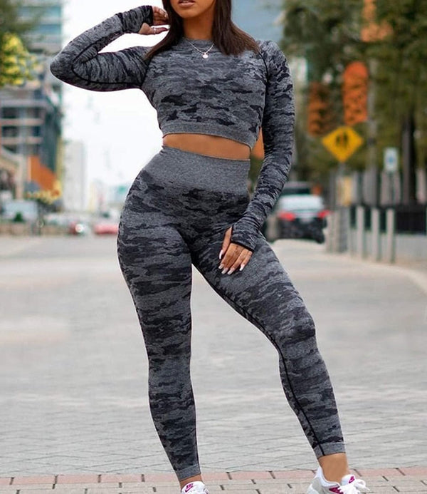 Camouflage Yoga Set Seamless Sportswear for Women Gym Fitness Clothing Booty Push Up Sport Leggings Long Sleeves Crop Tops Suit - Vimost Shop