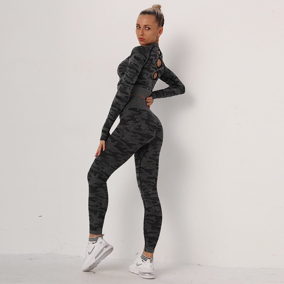 Camouflage Yoga Set Seamless Sportswear for Women Gym Fitness Clothing Booty Push Up Sport Leggings Long Sleeves Crop Tops Suit - Vimost Shop
