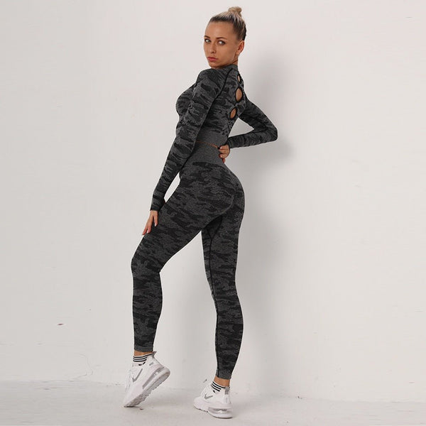 Camouflage Yoga Set Seamless Sportswear for Women Gym Fitness Clothing Booty Push Up Sport Leggings Long Sleeves Crop Tops Suit - Vimost Shop