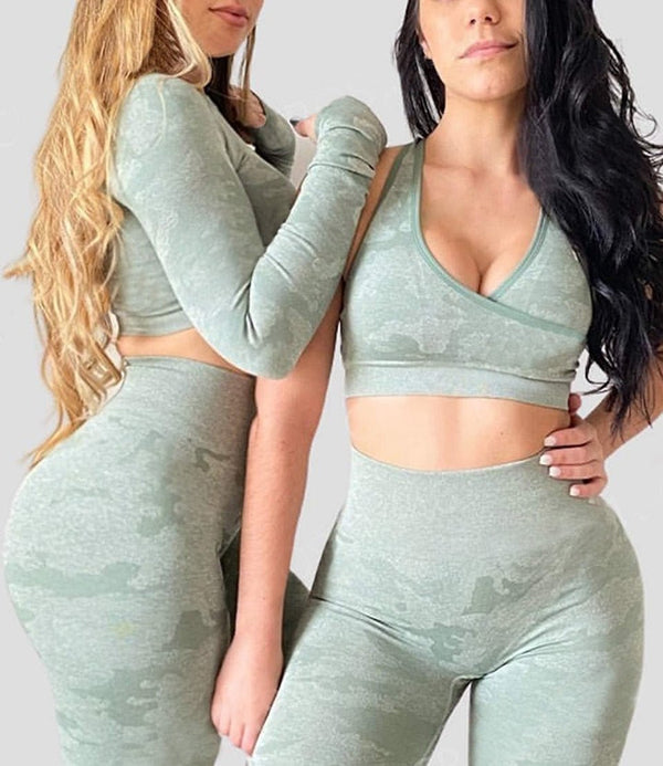 Camouflage Yoga Set Seamless Sportswear for Women Gym Fitness Clothing Booty Push Up Sport Leggings Long Sleeves Crop Tops Suit - Vimost Shop