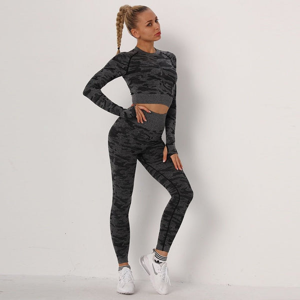 Camouflage Yoga Set Seamless Sportswear for Women Gym Fitness Clothing Booty Push Up Sport Leggings Long Sleeves Crop Tops Suit - Vimost Shop