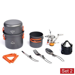 Camping Cookware Set Outdoor Tableware Equipment Supplies Burner Stove Folding Knife Fork Portable Pot Suit Tourism Cup