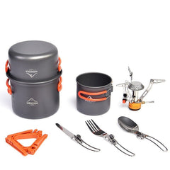 Camping Cookware Set Outdoor Tableware Equipment Supplies Burner Stove Folding Knife Fork Portable Pot Suit Tourism Cup