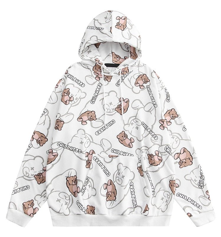 Cartoon Bear Childhood Letter Print Big Pocket Hoodie Men Casual Cozy Pullover Harajuku College Style Streetwear Autumn - Vimost Shop