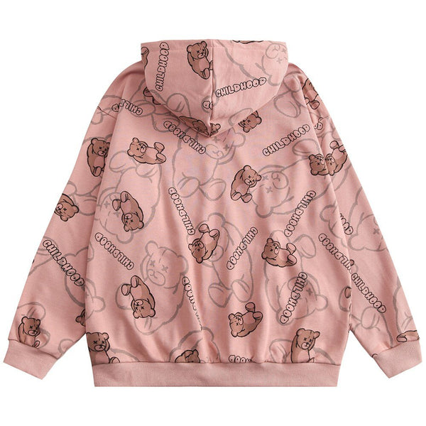 Cartoon Bear Childhood Letter Print Big Pocket Hoodie Men Casual Cozy Pullover Harajuku College Style Streetwear Autumn - Vimost Shop