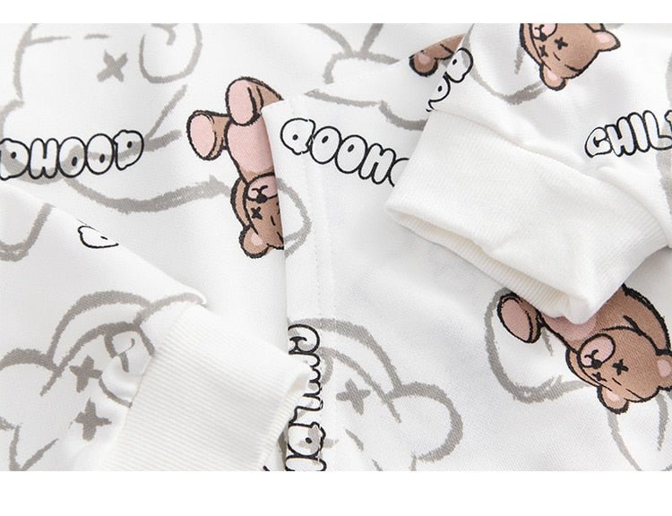 Cartoon Bear Childhood Letter Print Big Pocket Hoodie Men Casual Cozy Pullover Harajuku College Style Streetwear Autumn - Vimost Shop