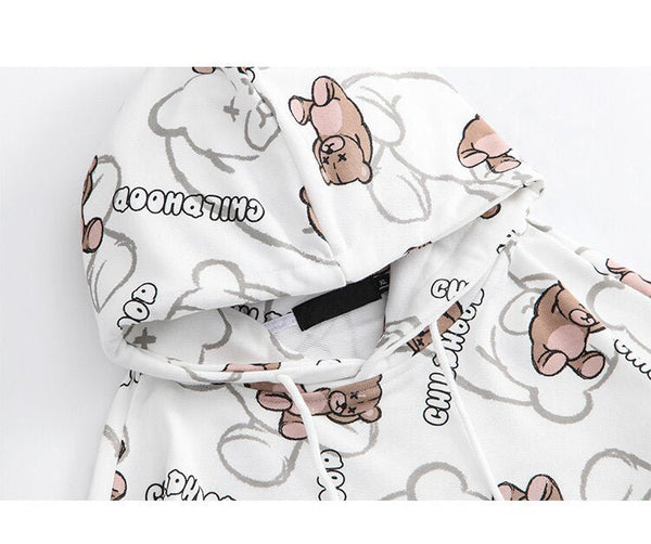 Cartoon Bear Childhood Letter Print Big Pocket Hoodie Men Casual Cozy Pullover Harajuku College Style Streetwear Autumn - Vimost Shop