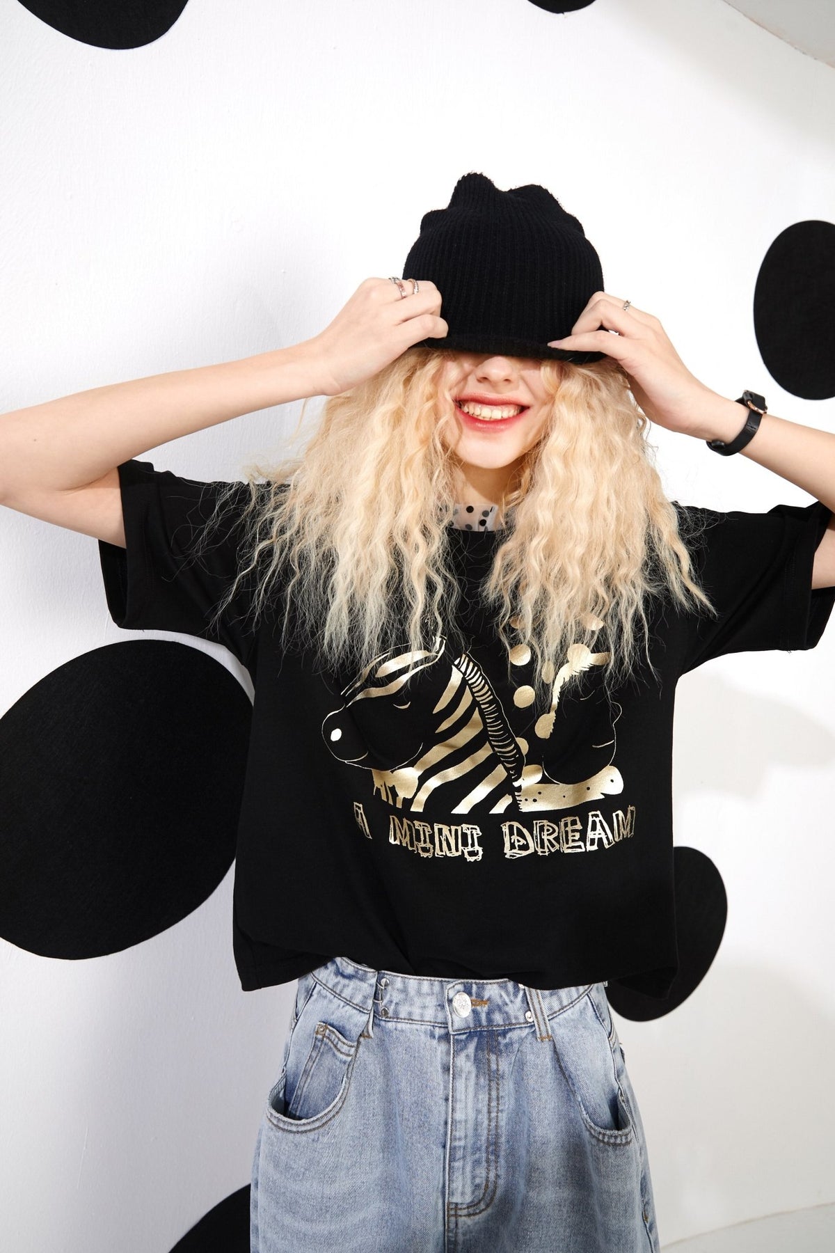Cartoon Bronzing Print Casual T-Shirts Women Top Spring Polka Dot Contrast Lace Korean Ladies Basic Daily Tee - Vimost Shop