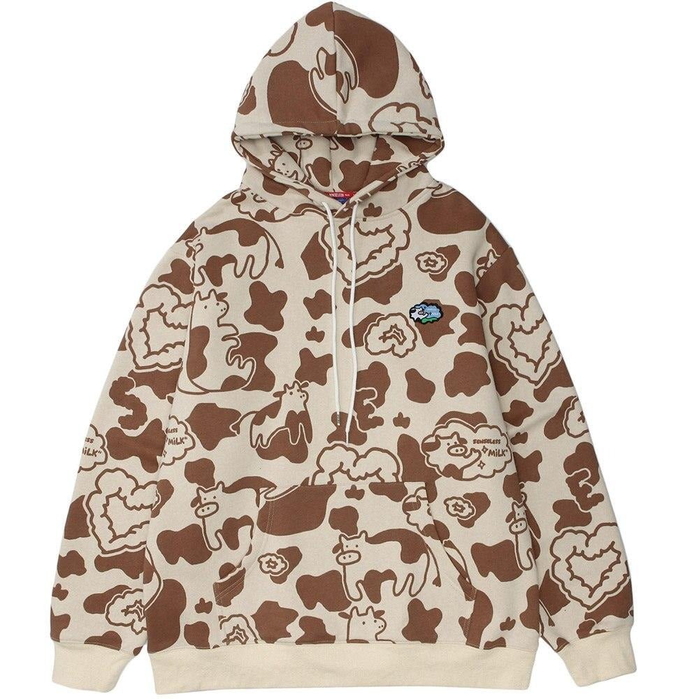 Cartoon Cow Embroidery Color Block Print Hoodie Men Loose Casual Harajuku Cute College Style Pullover Couple Streetwear - Vimost Shop