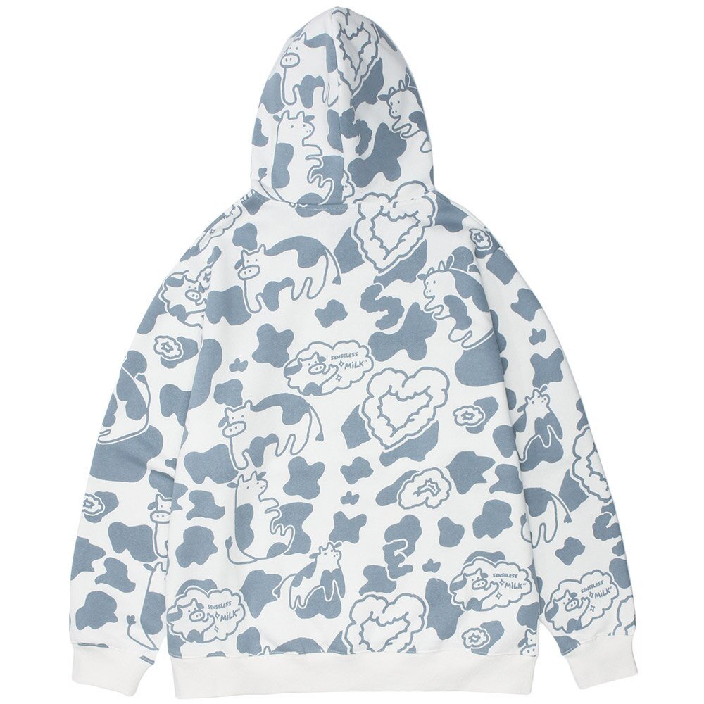Cartoon Cow Embroidery Color Block Print Hoodie Men Loose Casual Harajuku Cute College Style Pullover Couple Streetwear - Vimost Shop
