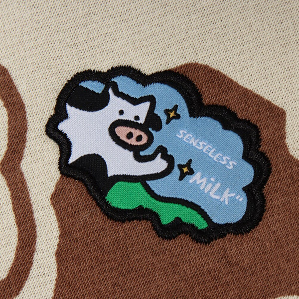 Cartoon Cow Embroidery Color Block Print Hoodie Men Loose Casual Harajuku Cute College Style Pullover Couple Streetwear - Vimost Shop