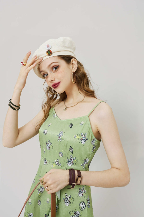 Cartoon Print High Waist Casual Bohemia Slip Dress Autumn Sleeveless Irregular Hem Korean Ladies Ruffle Satin Dress - Vimost Shop