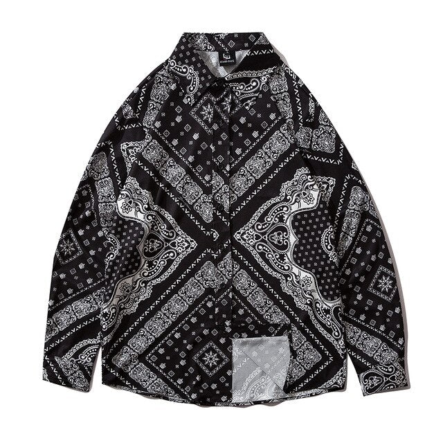 Cashew Flowers Print Shirt Mens Casual Loose Hip Hop Black Tops Long Sleeve Hawaiian Shirt Camisas Korean - Vimost Shop