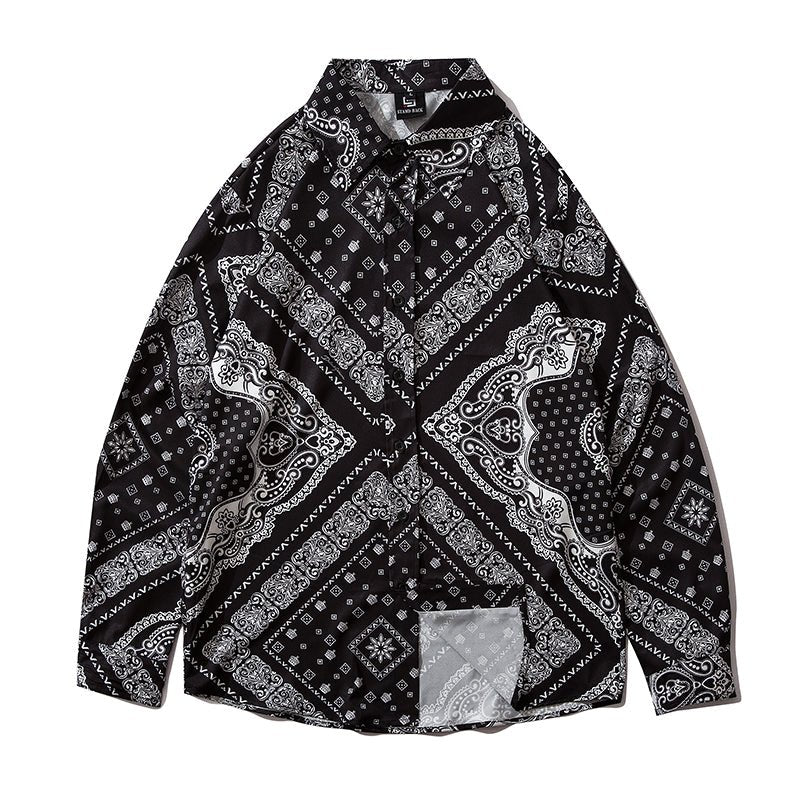 Cashew Flowers Print Shirt Mens Casual Loose Hip Hop Black Tops Long Sleeve Hawaiian Shirt Camisas Korean - Vimost Shop