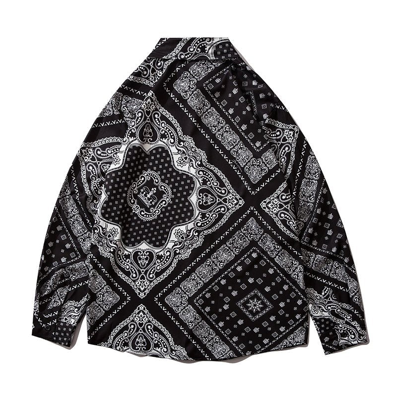 Cashew Flowers Print Shirt Mens Casual Loose Hip Hop Black Tops Long Sleeve Hawaiian Shirt Camisas Korean - Vimost Shop