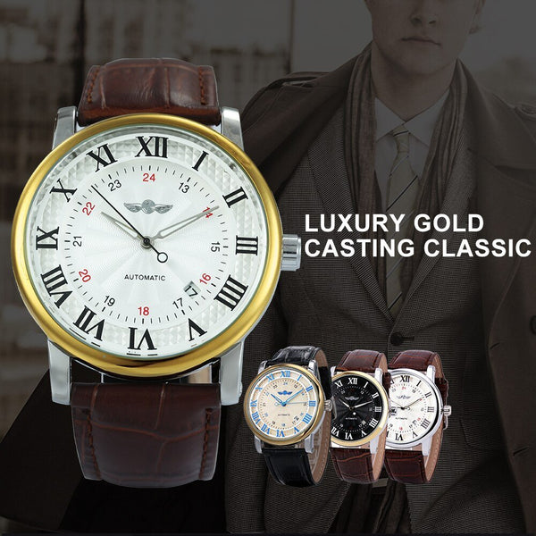 Casual Automatic Mechanical Mens Watches Top Brand Luxury Leather Strap 24-Hour Dial Luminous Hands Calendar Date Clock - Vimost Shop
