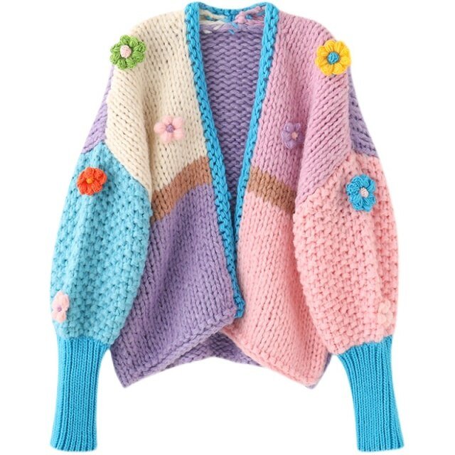 Casual Colorblock Cropped Sweater Female V Neck Long Sleeve Korean Fashion Loose Cardigan For Women - Vimost Shop